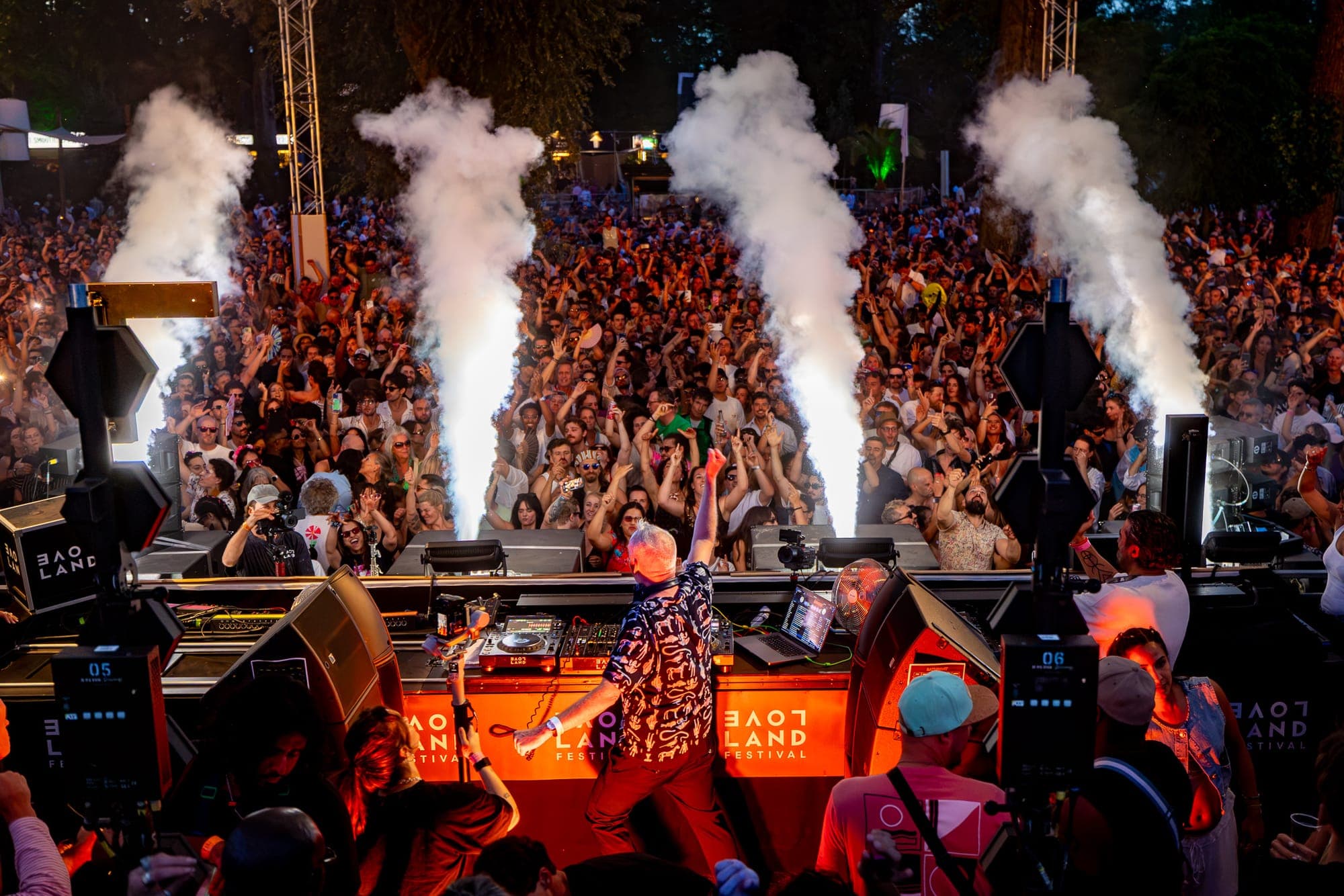CO2 jets above the crowd seen from the stage at LoveLand Festival Amsterdam